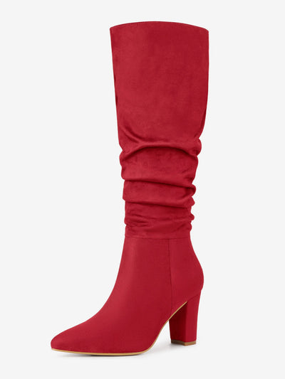 Slouchy Pointed Toe Chunky Heel Knee High Boots