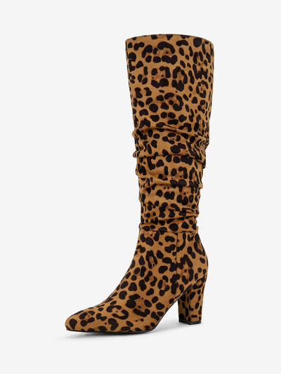 Slouchy Pointed Toe Chunky Heel Knee High Boots