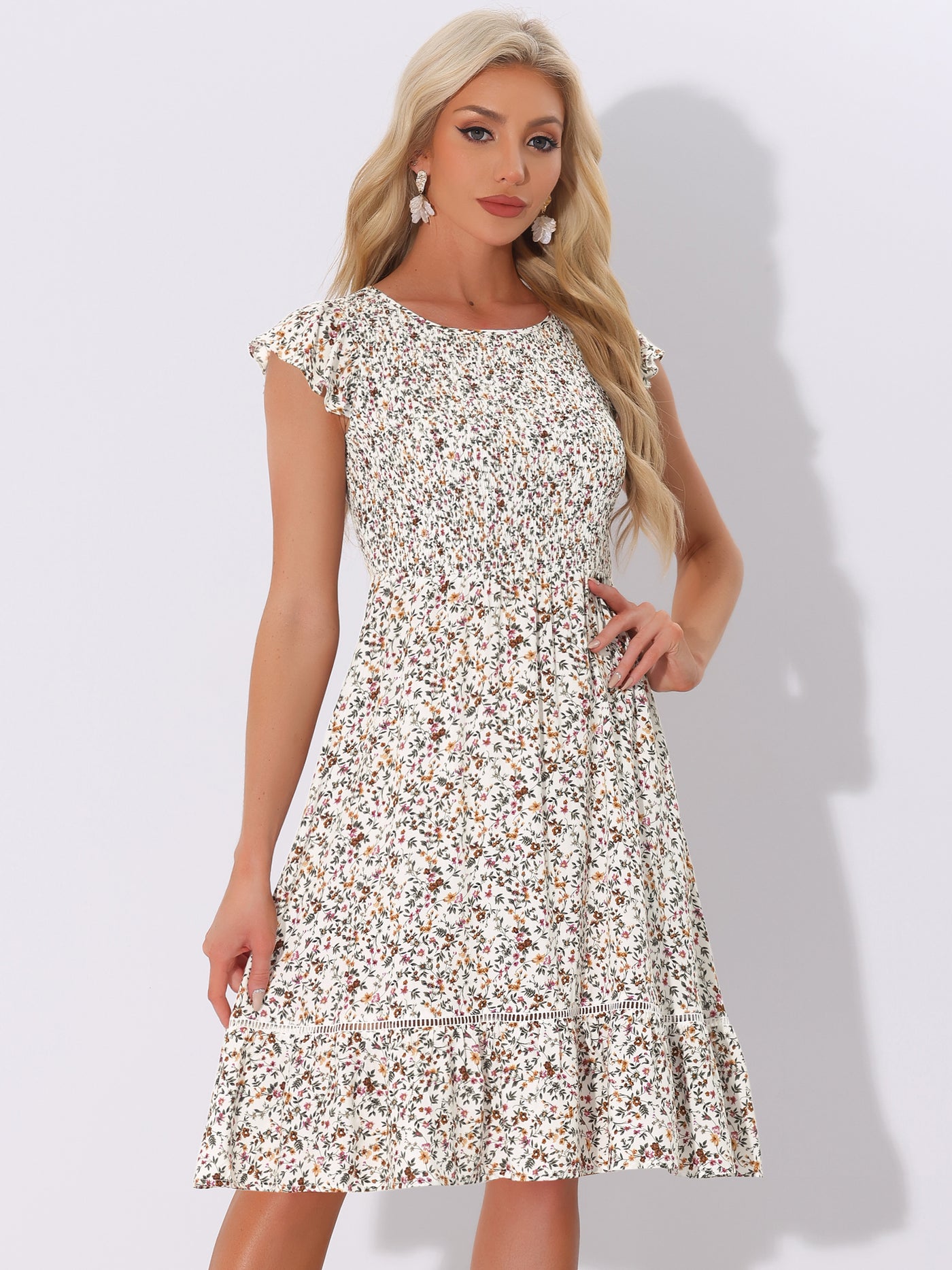 Allegra K Midi Smocked Cap Short Sleeve Floral Fit and Flare Dress