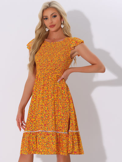 Midi Smocked Cap Short Sleeve Floral Fit and Flare Dress