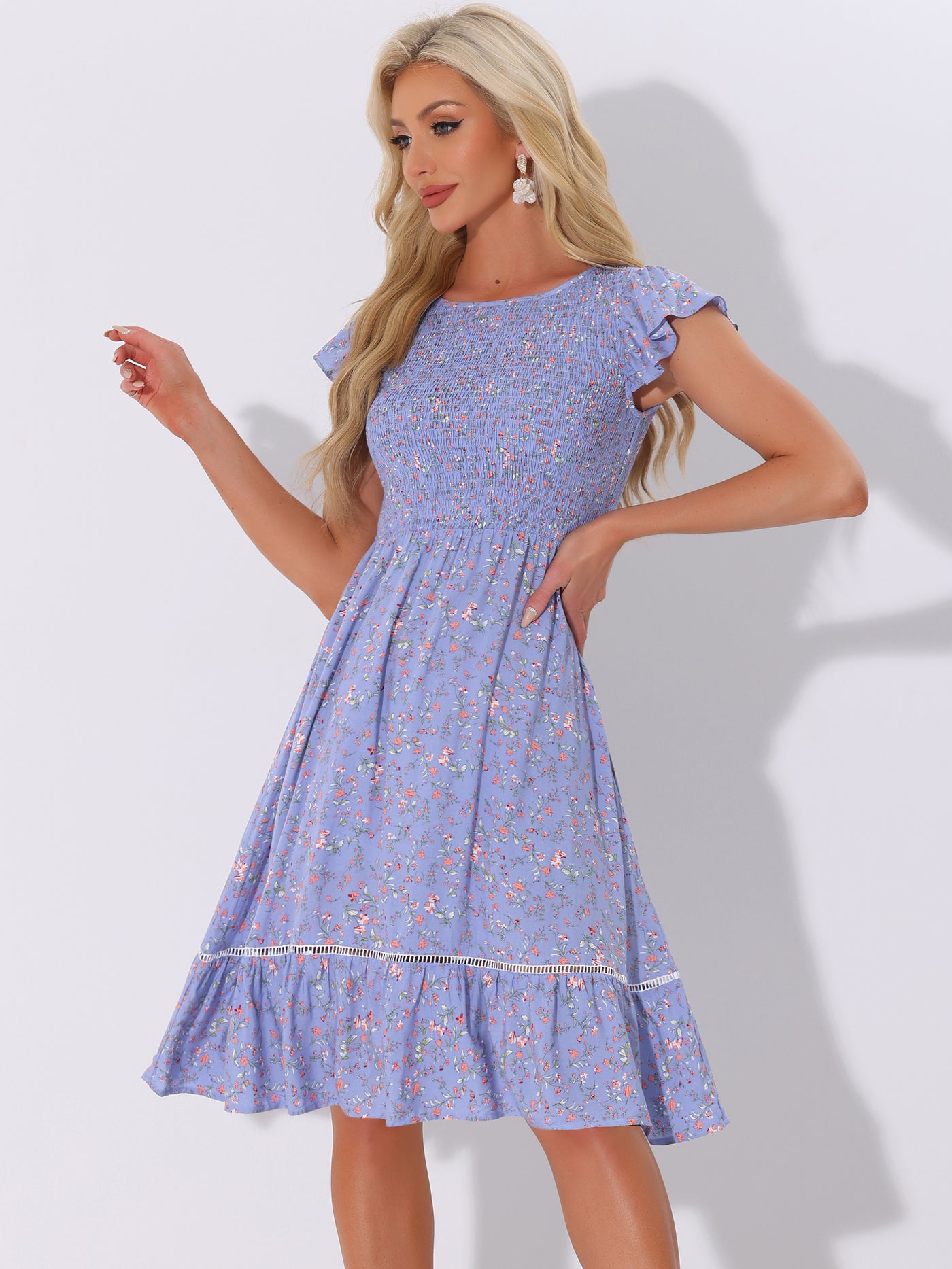 Allegra K Midi Smocked Cap Short Sleeve Floral Fit and Flare Dress