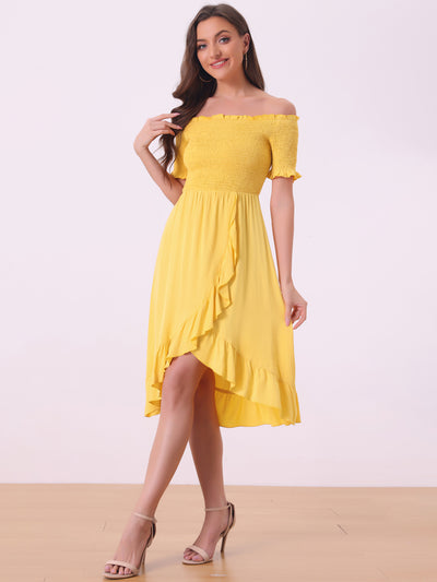 Summer Shirred Off Shoulder Ruffle Split Hem Midi Dress