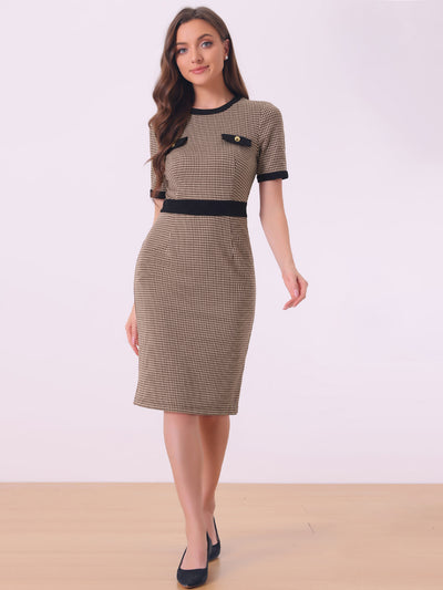 Plaid Houndstooth Short Sleeve Contrast Bodycon Dress