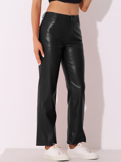 Faux Leather Pants High Waist Straight Leg Casual PU Punk Trousers