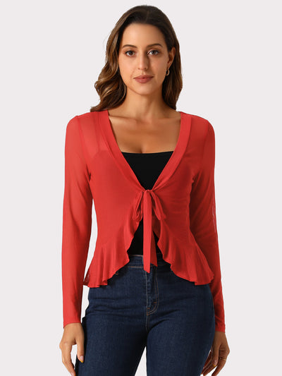 Ruffle Mesh Shrug Long Sleeves Self Tie Bolero Jacket