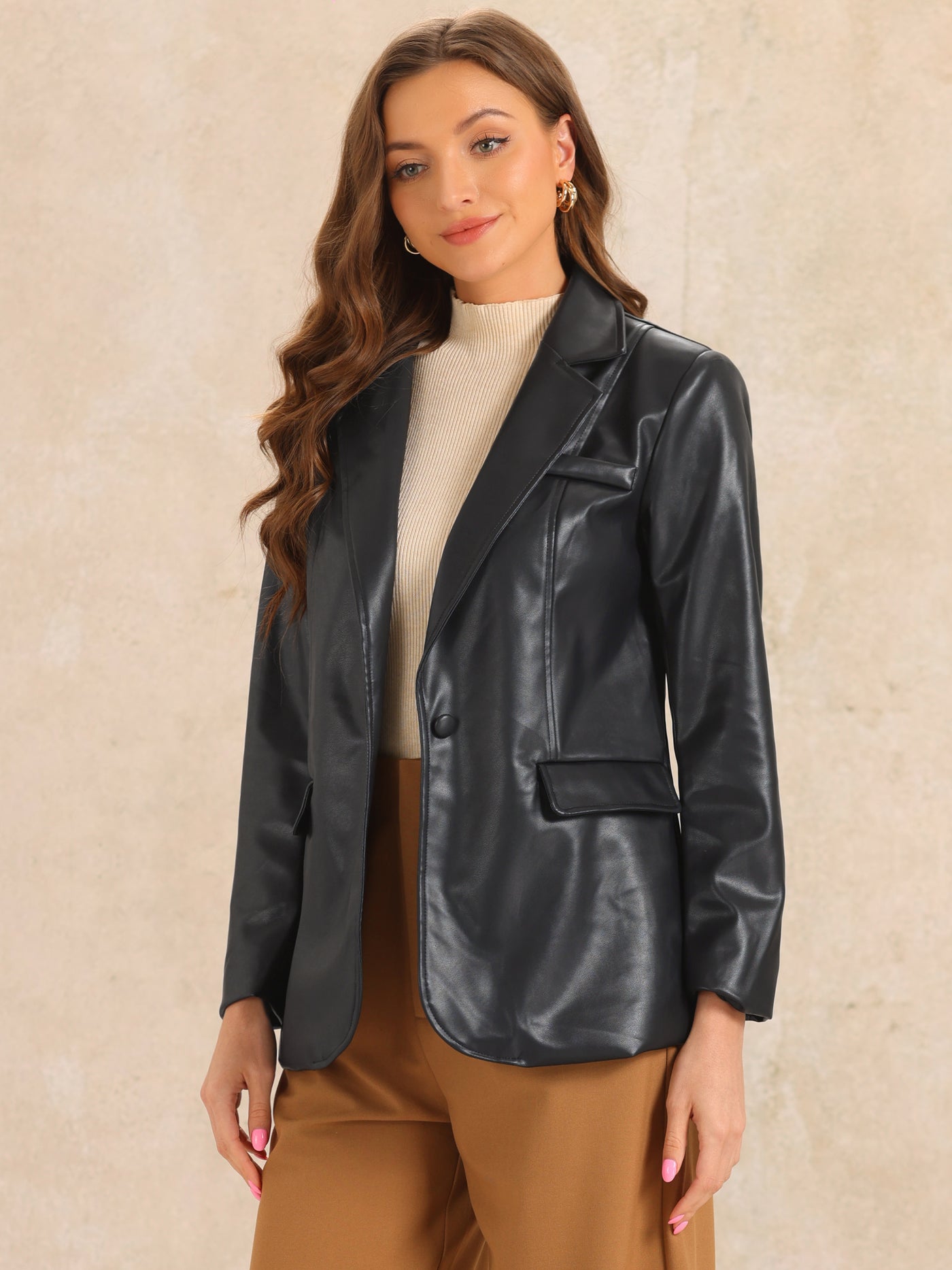 Allegra K Faux Leather Notched Lapel Collar PU Moto Biker Jackets