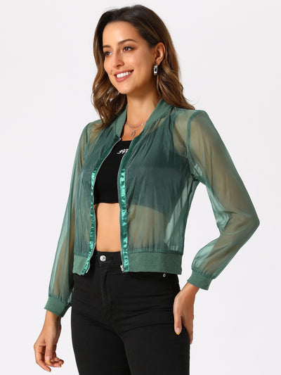 Zip Up See Through Lightweight Long Sleeve Mesh Bomber Jacket