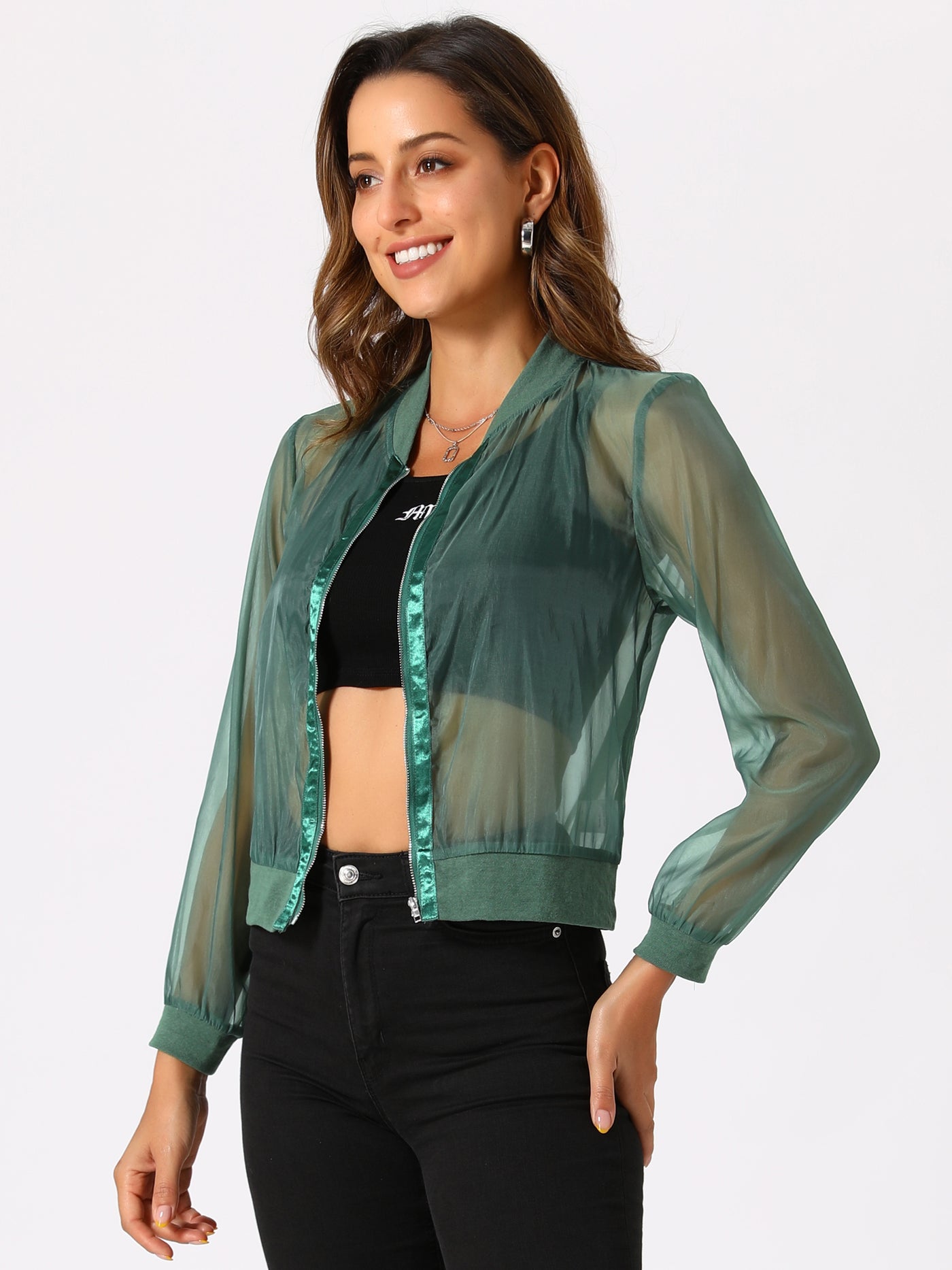 Allegra K Zip Up See Through Lightweight Long Sleeve Mesh Bomber Jacket