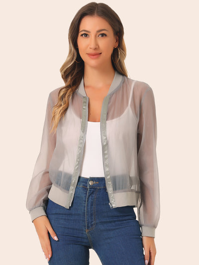 Zip Up See Through Lightweight Long Sleeve Mesh Bomber Jacket