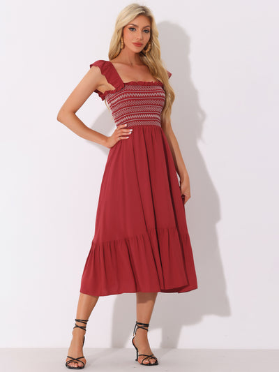 Boho Square Neck Ruffle Tiered Flowy Smocked Midi Dress Sundress