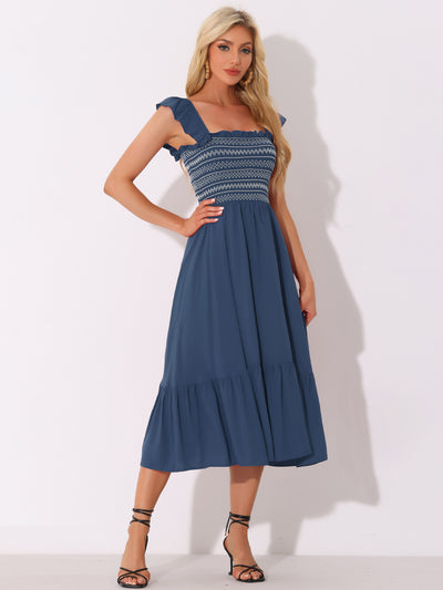 Boho Square Neck Ruffle Tiered Flowy Smocked Midi Dress Sundress