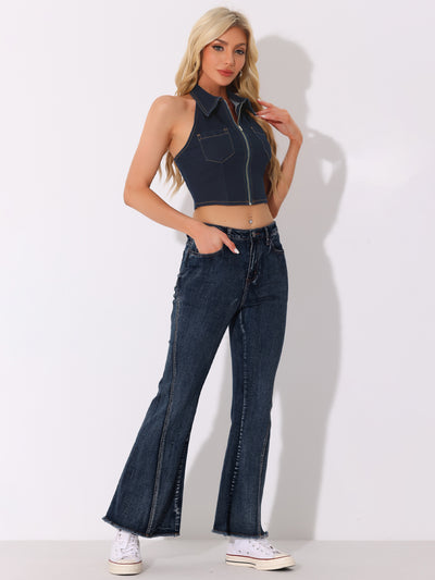 Halter Denim Zipper Up Collared Sleeveless Jean Corset Crop Top