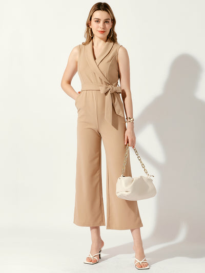 Shawl Collar Sleeveless Belted Wide Leg Office Work Jumpsuit