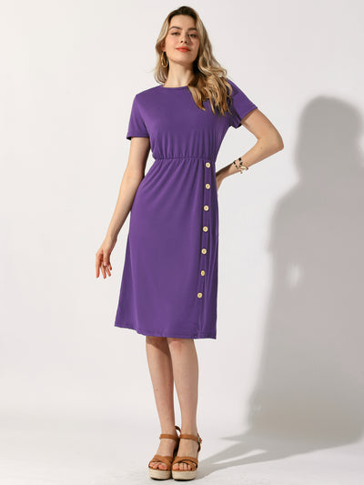 Crew Neck Short Sleeve Button Decor Midi Dress