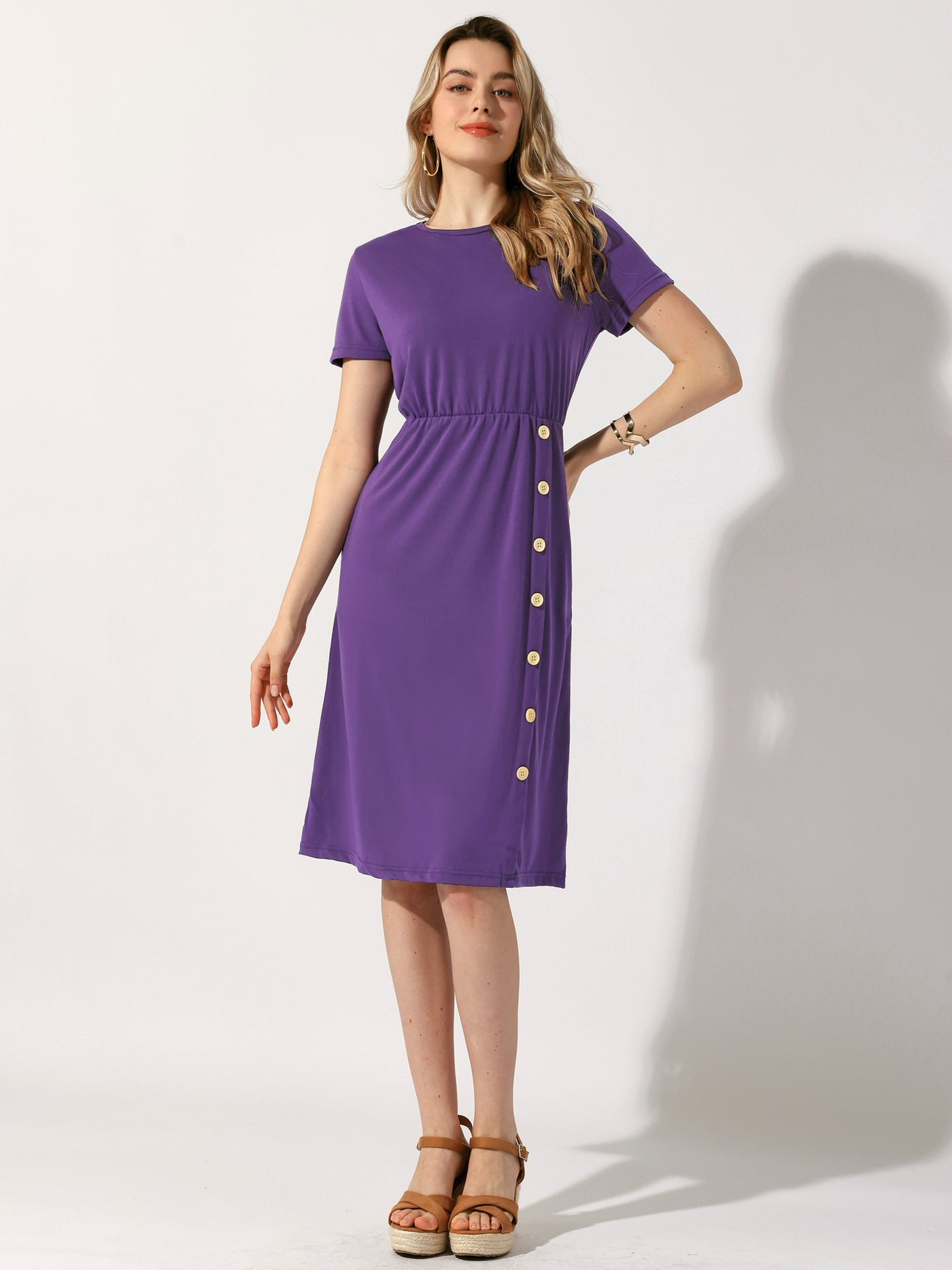 Allegra K Crew Neck Short Sleeve Button Decor Midi Dress