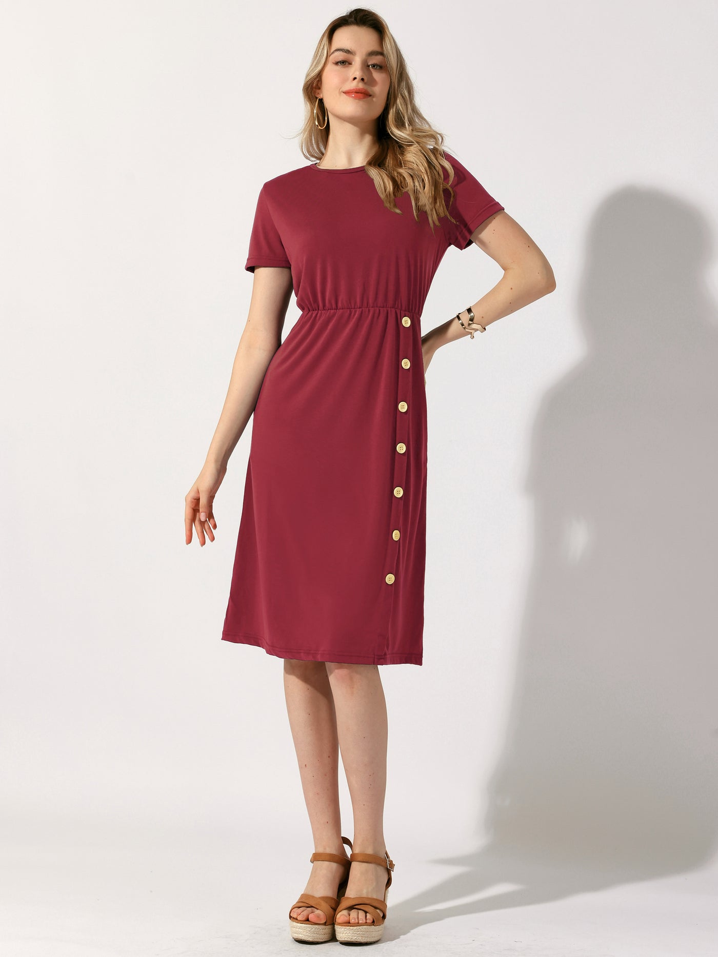 Allegra K Crew Neck Short Sleeve Button Decor Midi Dress