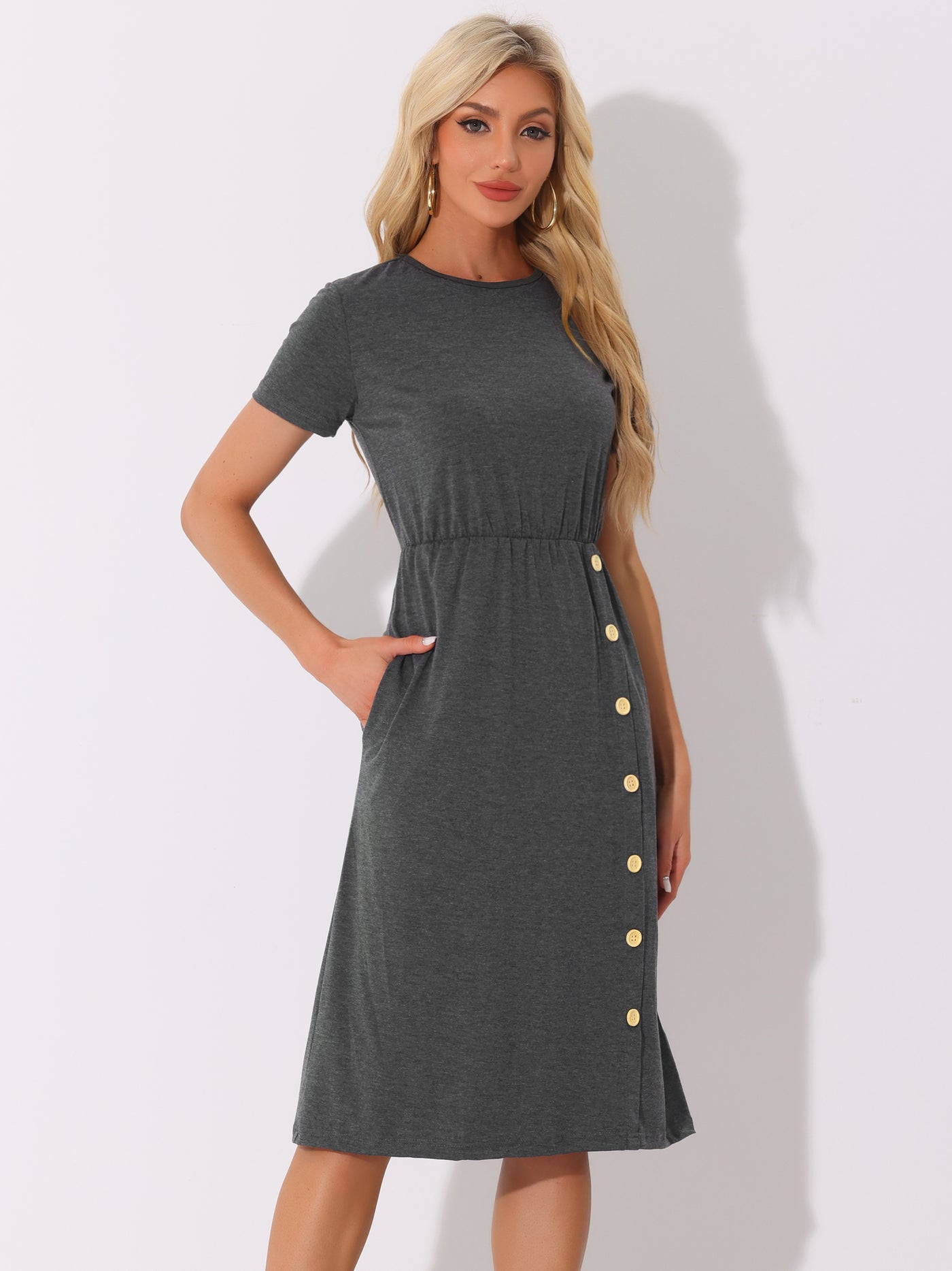 Allegra K Crew Neck Short Sleeve Button Decor Midi Dress