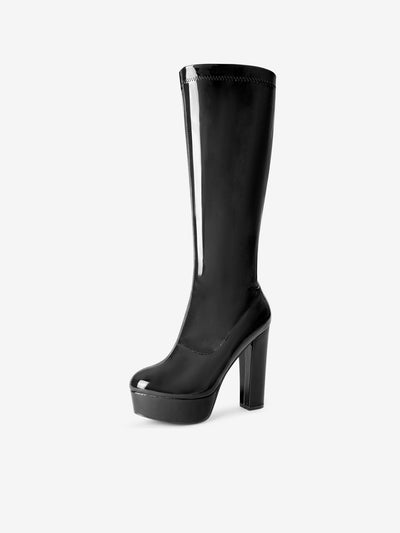 Women's Patent Leather Platform Chunky Heel Knee High Boots