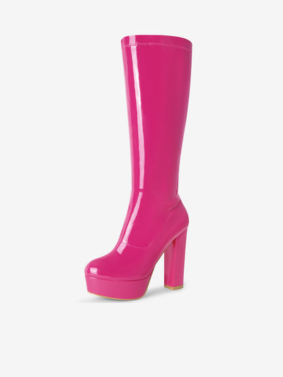 Women's Patent Leather Platform Chunky Heel Knee High Boots