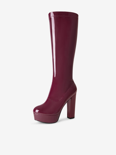 Women's Patent Leather Platform Chunky Heel Knee High Boots