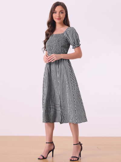 Vintage Smocked Front Shirred Tie Back Checks Slit Side Gingham Midi Dress