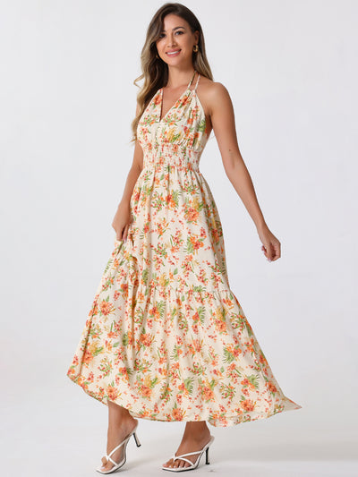 Halter Neck Boho Sleeveless Elastic Waist Backless Floral Sundress Maxi Dress