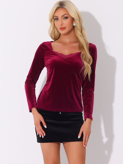 Velvet Lace V Neck Long Sleeve Solid Color Blouse