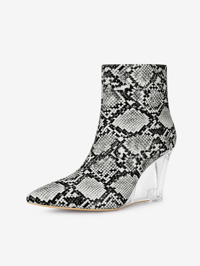 Allegra K Women's Snake Print Pointed Toe Clear Wedge Heels Ankle Boots