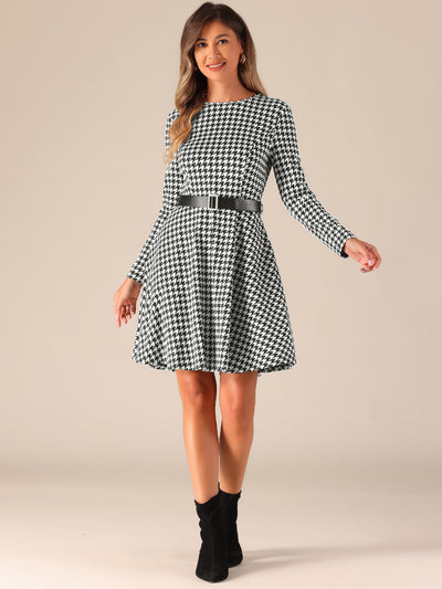 Houndstooth Round Neck Long Sleeves Belt Pockets A-Line Dress