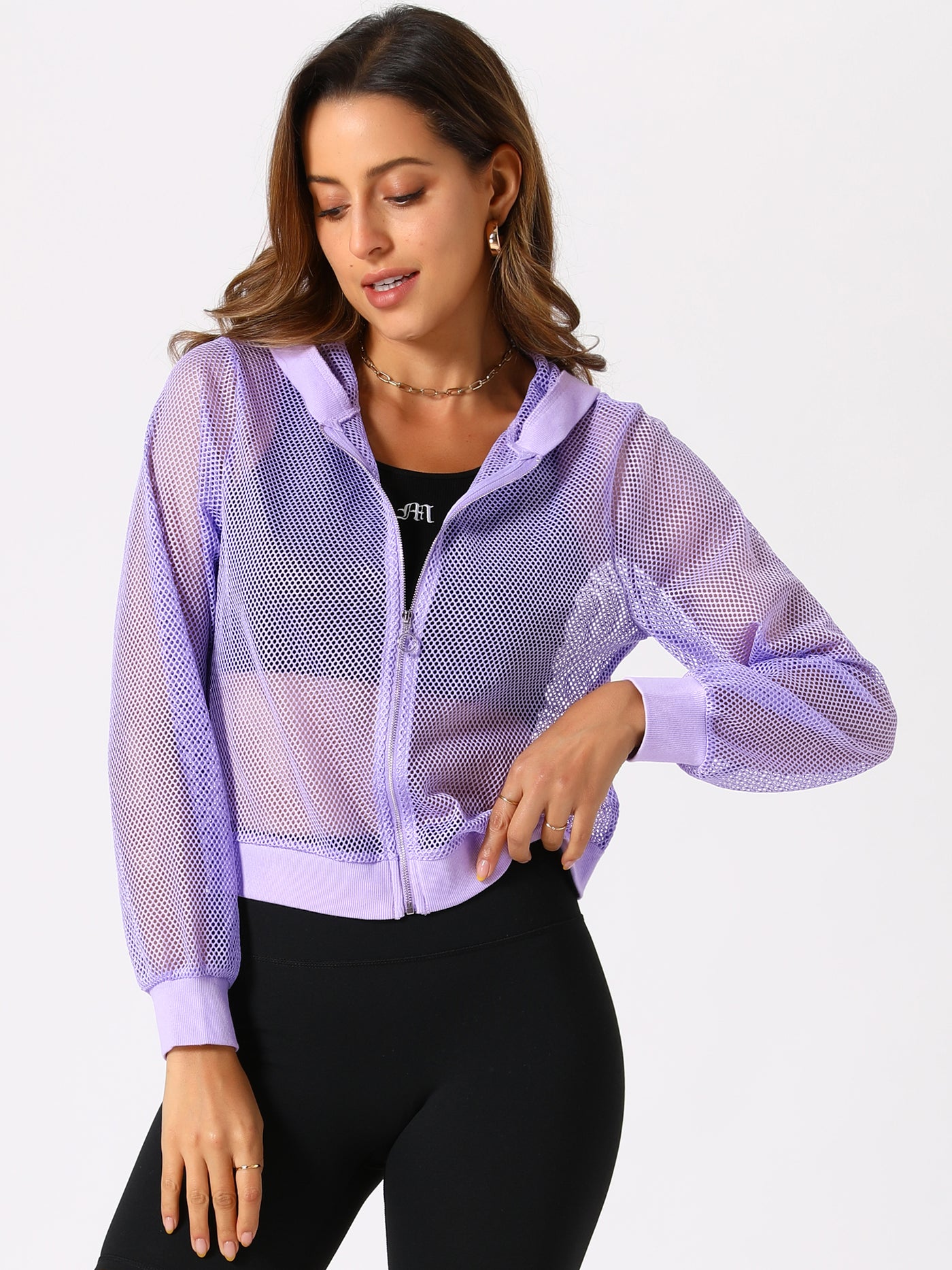 Allegra K Zip Up Long Sleeve Mesh Sheer Hoodie Bomber Jackets