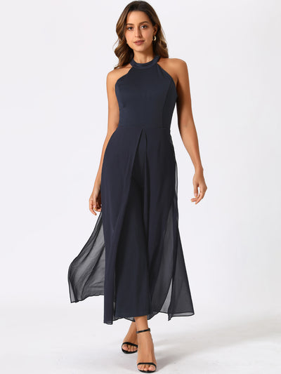 Allegra K Sleeveless Halter Neck Belted Elegant Wedding Cocktail Dressy Jumpsuits