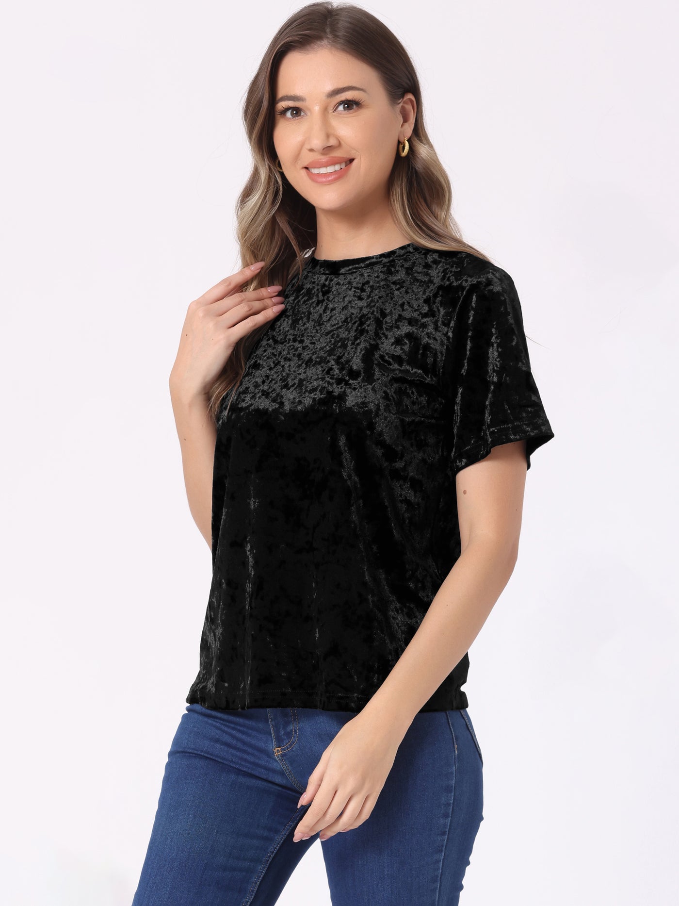 Allegra K Casual Velvet Top Solid Round Neck Short Sleeve T-Shirt