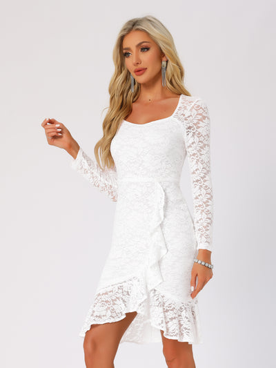 Square Neck Lace Long Sleeves Mermaid Midi Dress