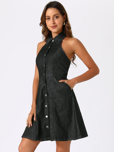 Denim Halter Neck Button Down Backless A-Line Mini Shirt Dress