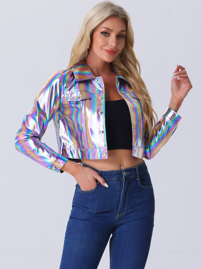 Metallic Biker Holographic Button Down Shiny Jacket