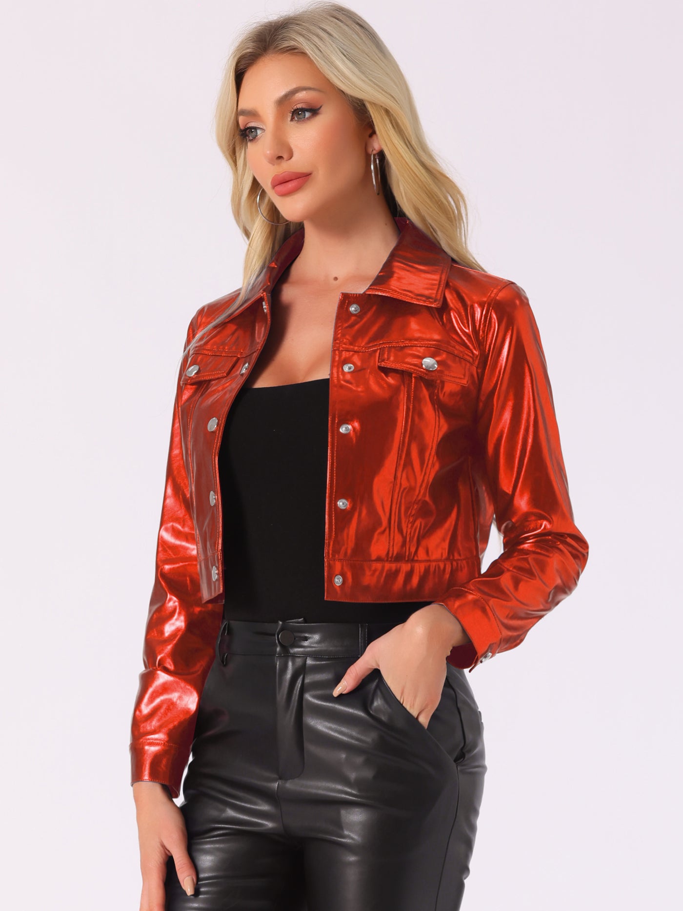 Allegra K Metallic Biker Holographic Button Down Shiny Jacket