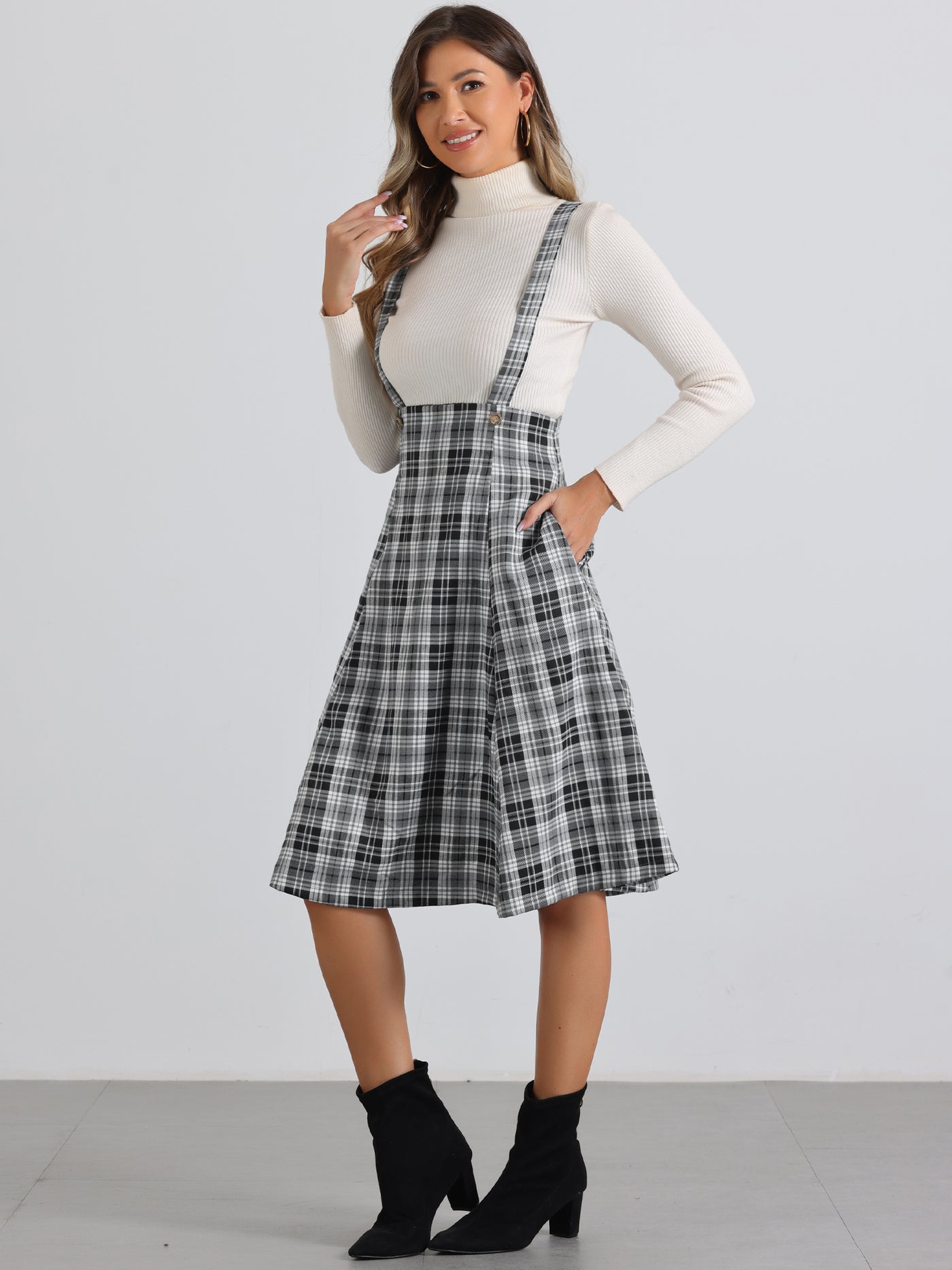 Allegra K Plaid Overall Tartan Pinafore Suspender Midi Skirt