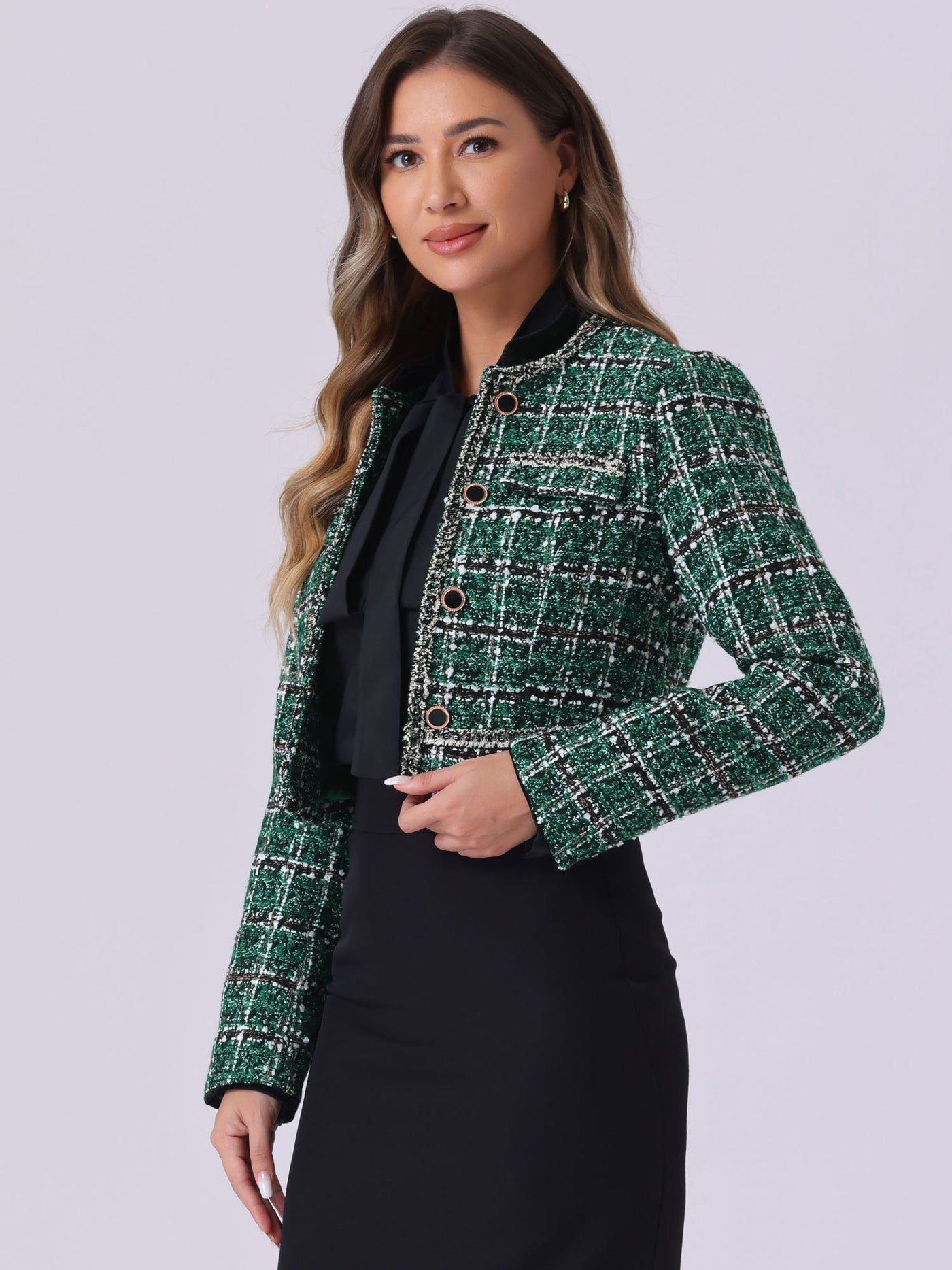 Allegra K Stand Collar Double Breasted Elegant Plaid Tweed Crop Jacket