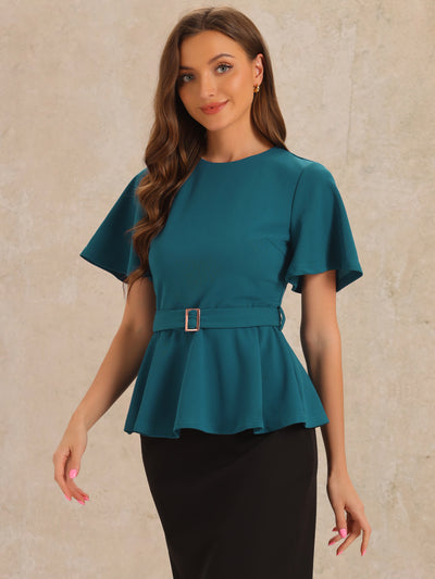 Peplum Round Neck Bell Sleeve Belted Waist Office Blouse