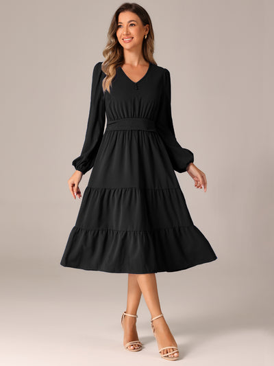 Lantern Sleeve Pocketed Ruffled Tiered A-Line Midi Dress