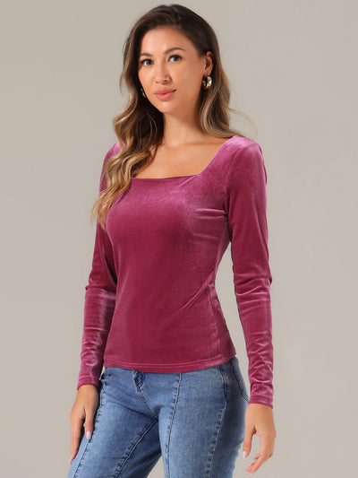 Long Sleeve Velvet Square Neck Casual T-Shirt Blouse