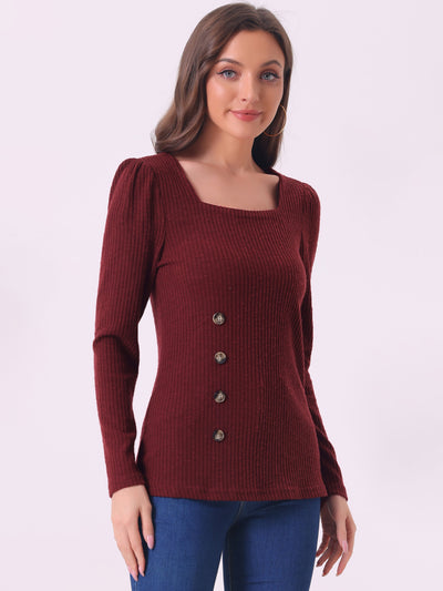 Long Sleeve Button Decor Square Neck Sweater Knit Top