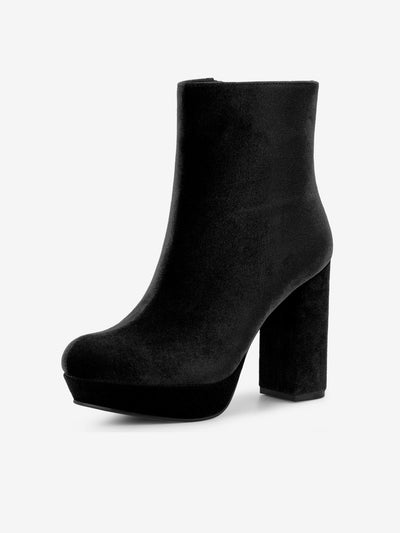 Women's Round Toe Faux Velvet Block Heels Ankle Boots