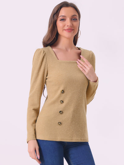 Long Sleeve Button Decor Square Neck Sweater Knit Top