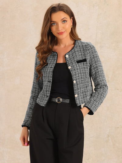 Tweed Plaid Round Neck Faux Pearl Button Long Sleeve Cropped Jacket