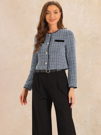 Tweed Plaid Round Neck Faux Pearl Button Long Sleeve Cropped Jacket