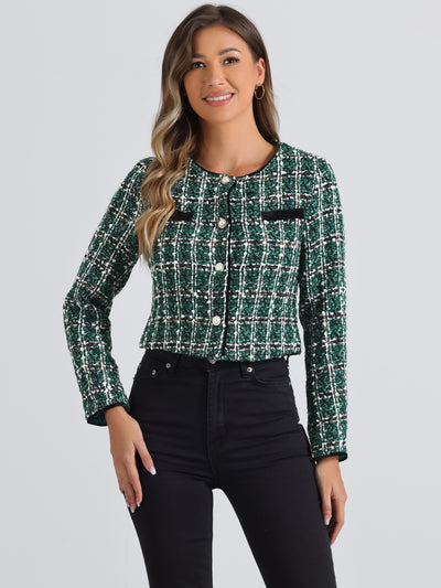 Tweed Plaid Round Neck Faux Pearl Button Long Sleeve Cropped Jacket