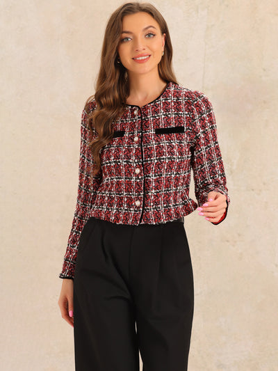 Tweed Plaid Round Neck Faux Pearl Button Long Sleeve Cropped Jacket