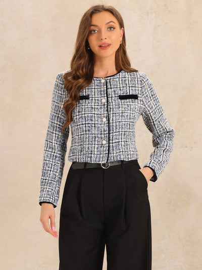 Tweed Plaid Round Neck Faux Pearl Button Long Sleeve Cropped Jacket