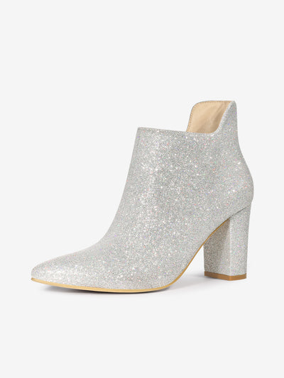 Women's Pointed Toe Cutout Block Heels Glitter Ankle Booties